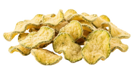 Crispy zucchini chips isolated on transparent background PNG, healthy snack made with fried squash and herbs for food photography