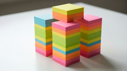Obraz premium Colorful Stacks of Sticky Notes on a White Surface.