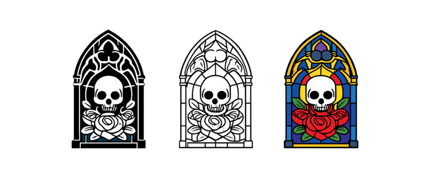 gothic stained glass ornate window with skull and rose details