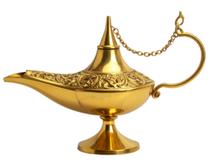  Close-Up Ornate Golden Magic Lamp Transparent Background.
