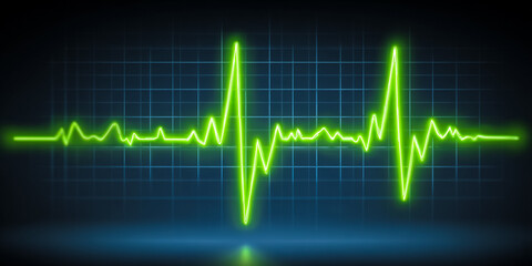 A green electrocardiogram (ECG) line on a dark background. The graph shows heart rate fluctuations, representing medical monitoring and health diagnostics.