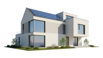 Modern house with solar panels isolated PNG, contemporary architecture with clean lines and sustainable energy design on transparent background