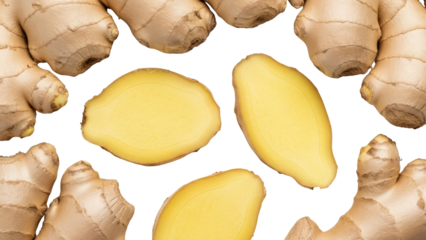 Fresh ginger root and slices isolated PNG, healthy spice with medicinal properties for cooking and herbal remedies on transparent background