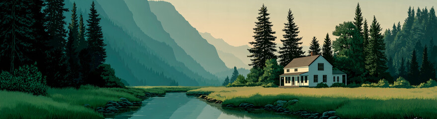 Mountain landscape view of a house in a lake. Flat 2D illustration banner.