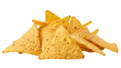Fototapeta premium Pile of golden yellow tortilla chips isolated PNG, crunchy snack for parties and game day appetizers on transparent background
