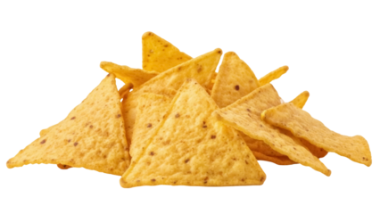 Pile of golden yellow tortilla chips isolated PNG, crunchy snack for parties and game day appetizers on transparent background