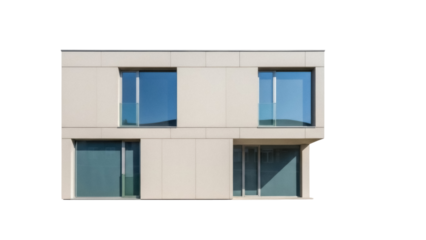 Modern beige building facade with windows isolated PNG, contemporary architecture on transparent background for design projects