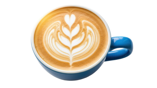 Blue coffee cup with latte art isolated PNG, cappuccino with heart and leaf design on transparent background for cafe menu