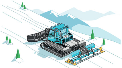 Isometric snow groomer on mountain slope with pine trees and snowy peaks