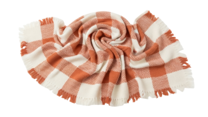 Orange and white checkered throw blanket isolated PNG, cozy woven textile with fringe on transparent background for home decor and comfort
