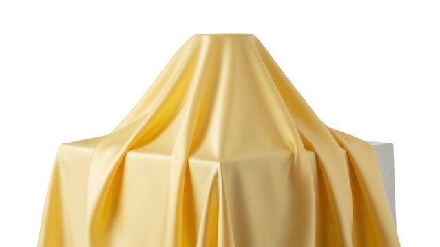 Golden silk fabric covering a box isolated PNG, shiny satin cloth draped over object on transparent background, luxury presentation mockup