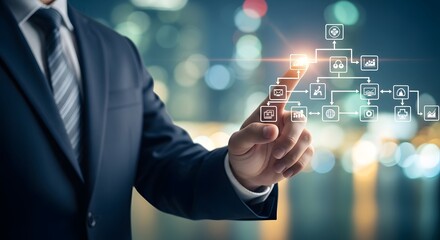 Businessman interacting with virtual network diagram in modern office setting