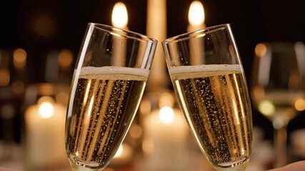 Elegant 4K Slow Motion of Champagne Flutes Toasting During a Romantic Candlelight Dinner