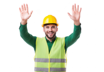man in a yellow vest and helmet, standing with raised arms