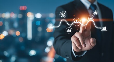 Businessman interacting with digital interface in a cityscape