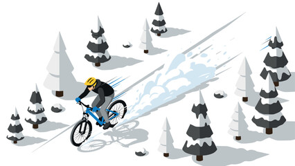 Isometric winter cyclist racing through snowy forest with speed and motion