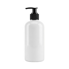 White soap dispenser with black pump isolated on transparent background