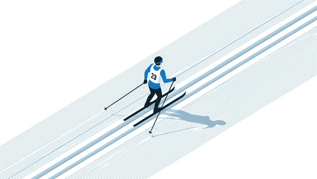 Cross country skier in motion on snowy trail in isometric style