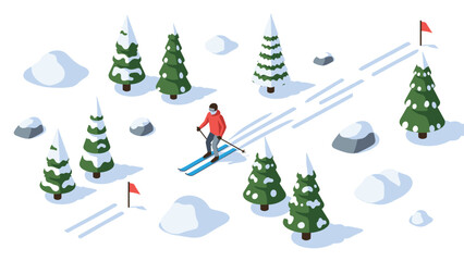 Isometric winter skiing scene with snowy trees and skier