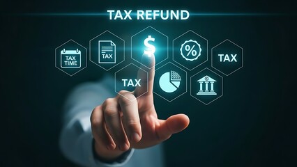 A person's hand interacts with a digital interface for tax refund processing