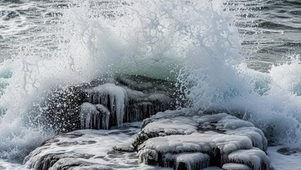 Powerful Ocean Wave Crashing Against Icy Rocks.