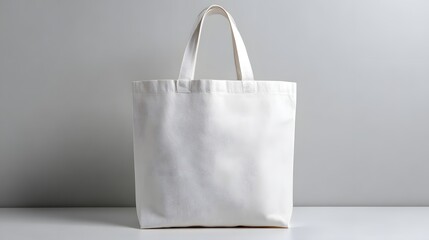 White reusable non-woven shopping bag stands on a white surface in a studio product mockup with soft shadows and an eco-friendly concept.