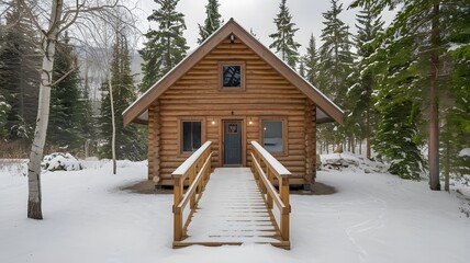 A photo of a snowy cabin in the woods.