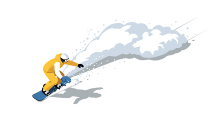 Snowboarder in yellow suit performing turn on powdery slope in winter sports scene