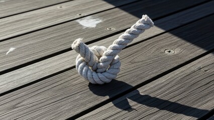 Thick White Rope Tied in a Knot on a Weathered Wooden Deck.