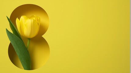  Modern minimalist graphic of a yellow tulip flower within a yellow "8" shape, representing Women's Day, spring renewal, and strength for social media, posters, and greeting cards.