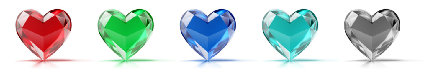 Five faceted heart-shaped gems in red, green, blue, teal, and gray, on white background, with subtle shadows.