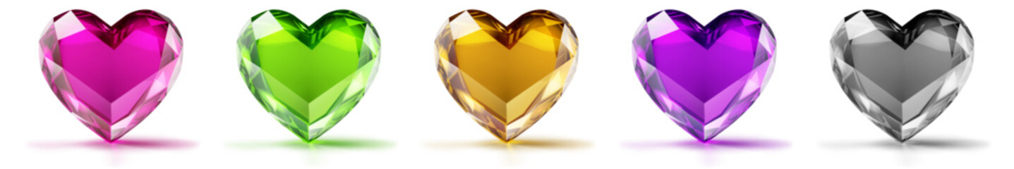 Five heart-shaped gems in different colors with subtle shadows and reflections on a white background.