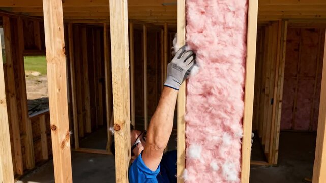 Medium shot of a worker fitting fiberglass batt insulation carefully between wooden framing studs in a house under construction.