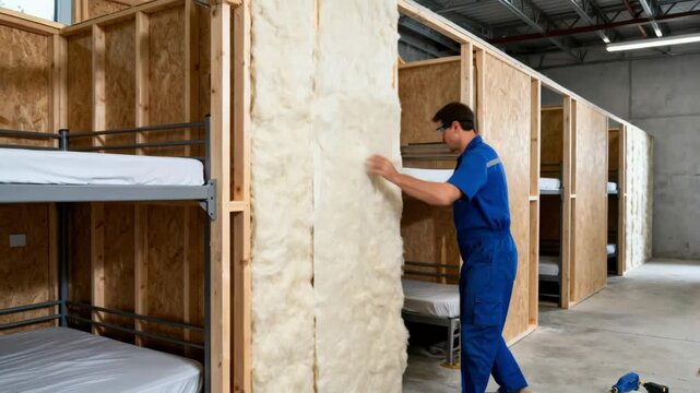 Technician carefully fitting fireproof insulation into partition walls in a dormitory highlighting secure construction practices.