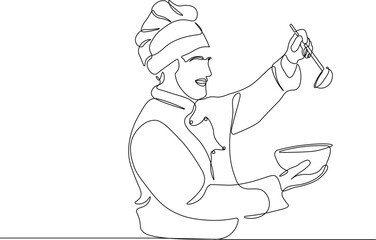 Chef Pouring Soup with Ladle and Bowl Drawing in Continuous Line Illustration. Minimalist Line Art Concept of Cooking, Food Serving, and Culinary Arts
