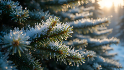 Intricate ice crystals forming on evergreen needles reflecting winter scenes