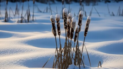 Cattails covered in fresh snow on a cold winter day in a serene natural landscape.