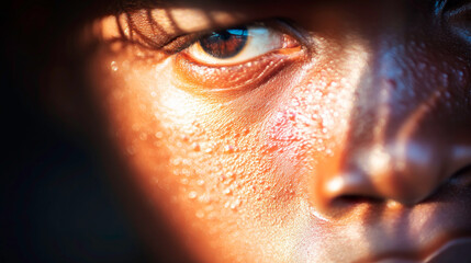 Human face in shadow showing distress with visible monkeypox virus lesions