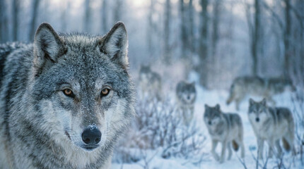 Obraz premium Close-up of an alpha wolf leading its pack in a snowy landscape