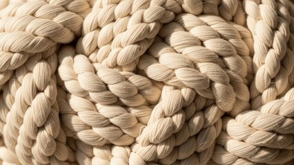 Close-up of a tightly coiled thick white rope, showcasing its intricate braided texture and strong nautical design.