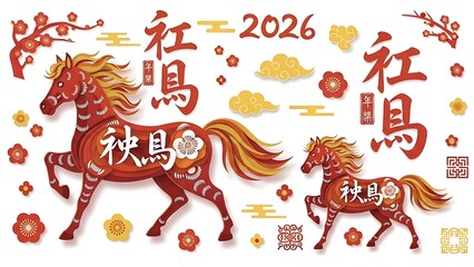 Red Paper Cut Horses Chinese Characters and Flowers 2026