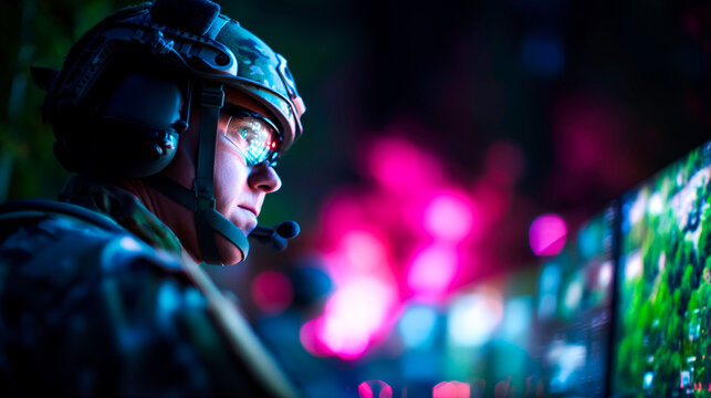 Soldier operating high tech monitor displaying drone imagery and military technology