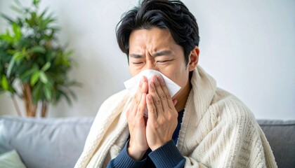 ティッシュで鼻をかむ体調不良の男性/花粉症3