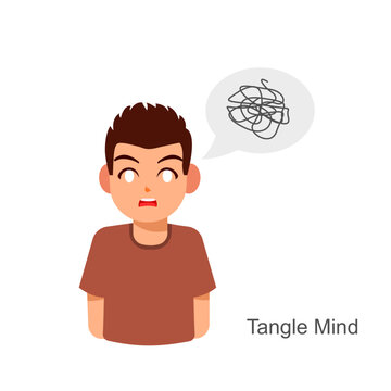 A fun cartoon vector illustration of Head with tangled wire rope inside. Anxiety, Overthinking