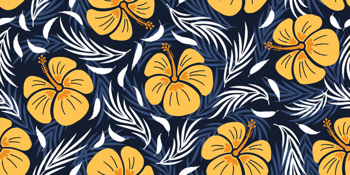 Hibiscus pattern. Botanical Seamless pattern. Exotic Hibiscus. Motif for Hawaiian shirt, Aloha shirt in summer. Beautiful yellow floral, leaf patterns blue background. hand drawn hibiscus flower.