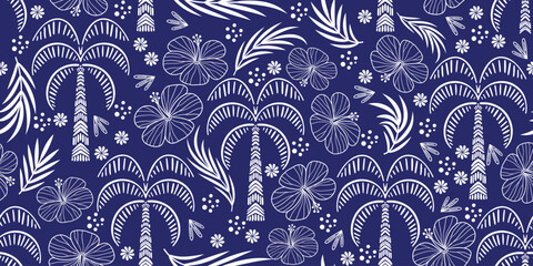 Hibiscus pattern. Botanical Seamless pattern. Exotic Hibiscus. Motif for Hawaiian shirt, Aloha shirt in summer. Beautiful coconut, palm tree, leaf patterns blue background. hand drawn hibiscus flower. © Choltita