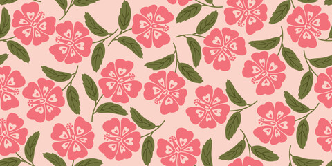 Hibiscus pattern. Botanical Seamless pattern. Exotic Hibiscus. Motif Hawaii shirt, Aloha shirt summer.Beautiful pink floral sweet, floral patterns, background. hand drawn hibiscus flower.Pink fashion  © Choltita
