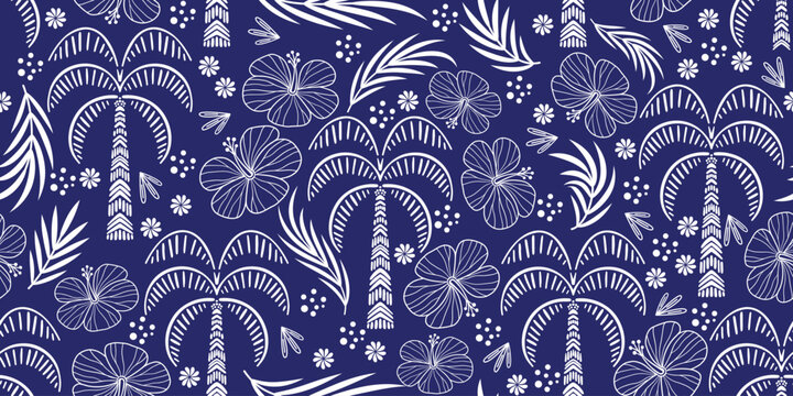 Hibiscus pattern. Botanical Seamless pattern. Exotic Hibiscus. Motif for Hawaiian shirt, Aloha shirt in summer. Beautiful coconut, palm tree, leaf patterns blue background. hand drawn hibiscus flower.