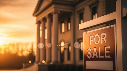 For sale sign in front of a luxury house at sunset, representing real estate market, home ownership dream, or residential property sale.