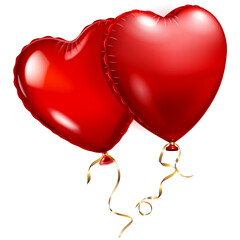 Two red heart-shaped balloons with gold ribbons against a white background, symbolizing love and celebration.